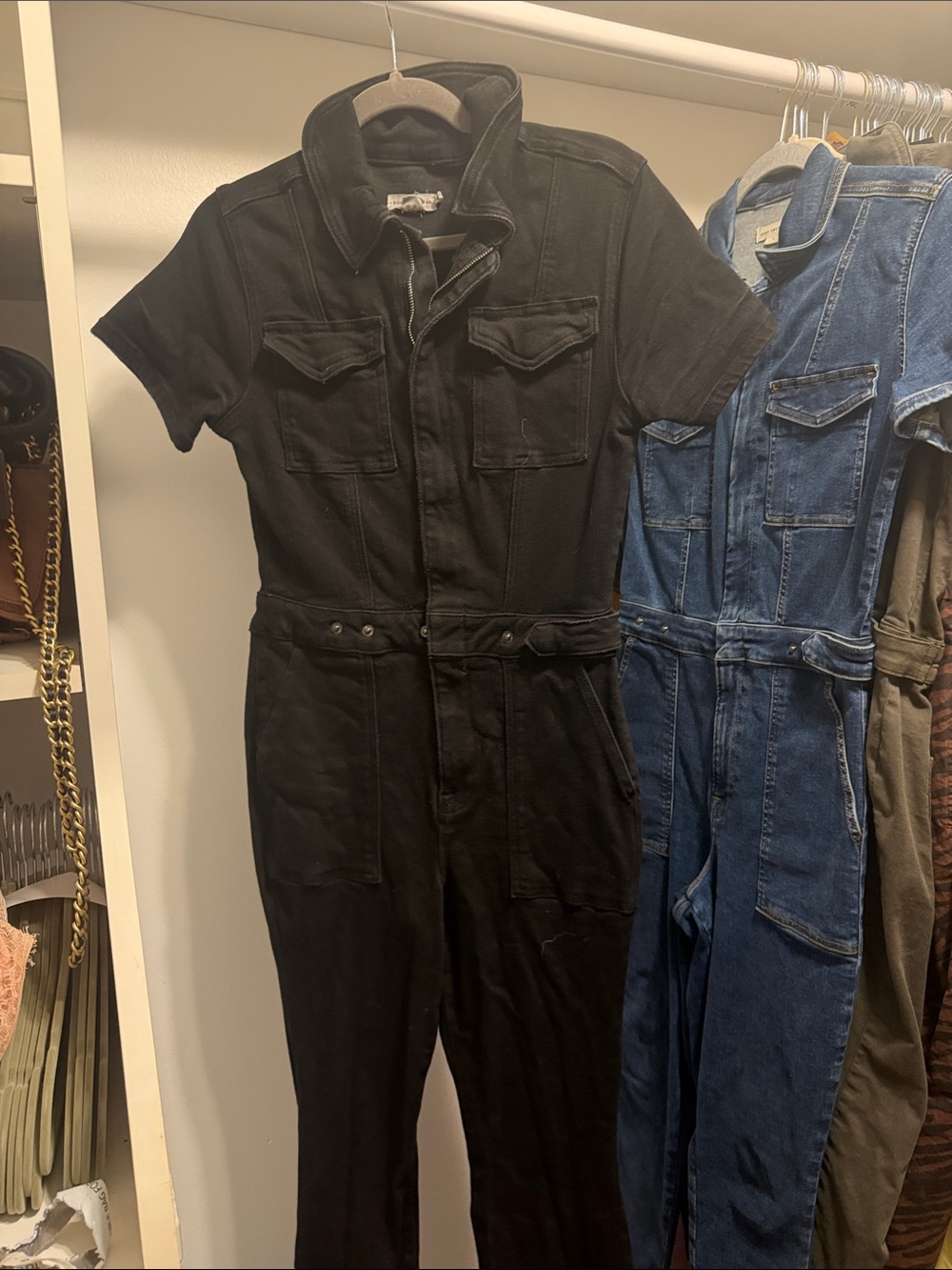 Good American Black Short-Sleeve Utility Jumpsuit with Front Pockets